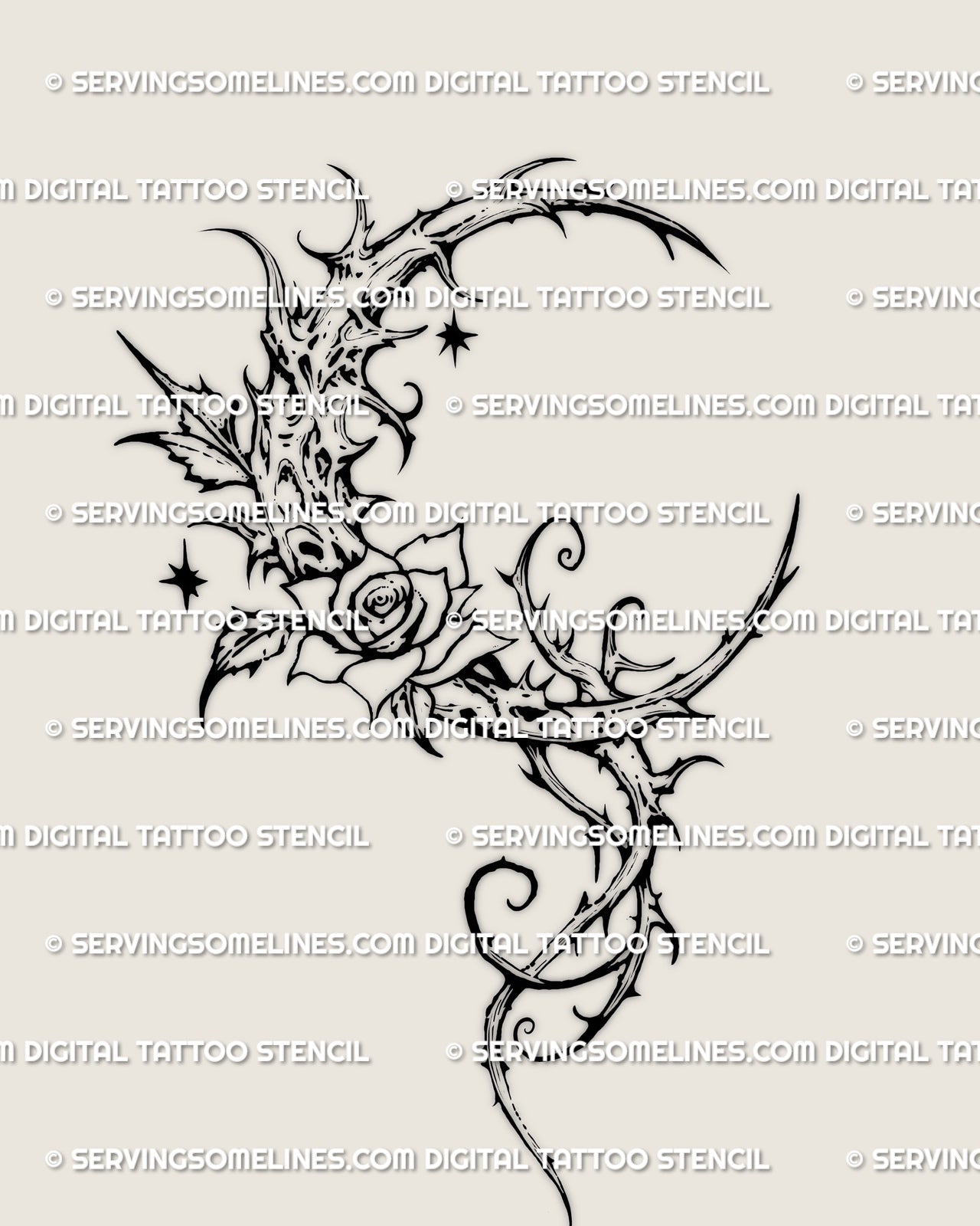 Fine line gothic moon rose tattoo stencil with floral crescent shape and clean linework, instant download stencil for professional tattoo use