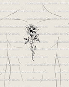 Fine line gothic skull rose tattoo stencil shown on male chest center placement, delicate floral skull design offered as tattoo stencil download