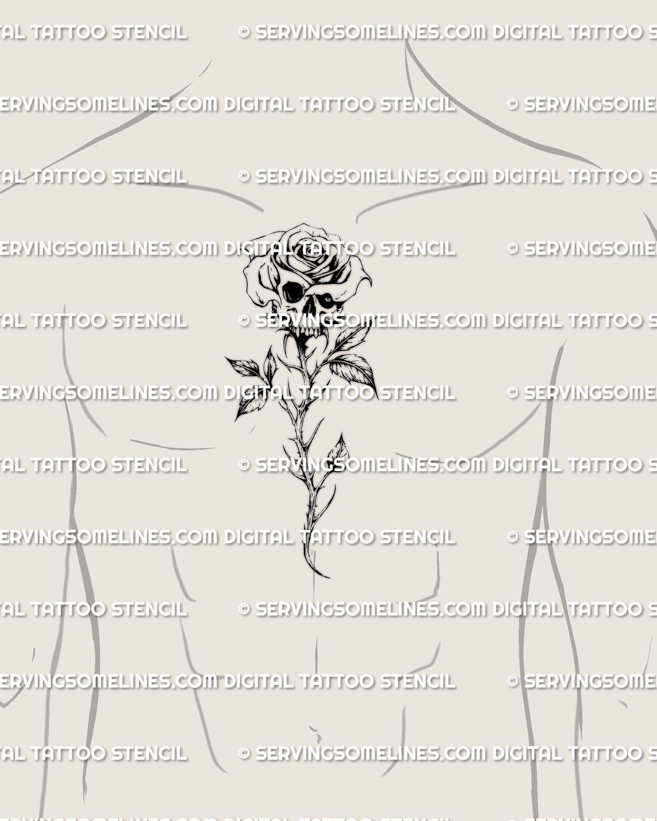 Fine line gothic skull rose tattoo stencil shown on male chest center placement, delicate floral skull design offered as tattoo stencil download