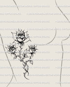 Fine line rose bouquet tattoo shown on feminine rib placement with a delicate floral silhouette and pointed petal edges