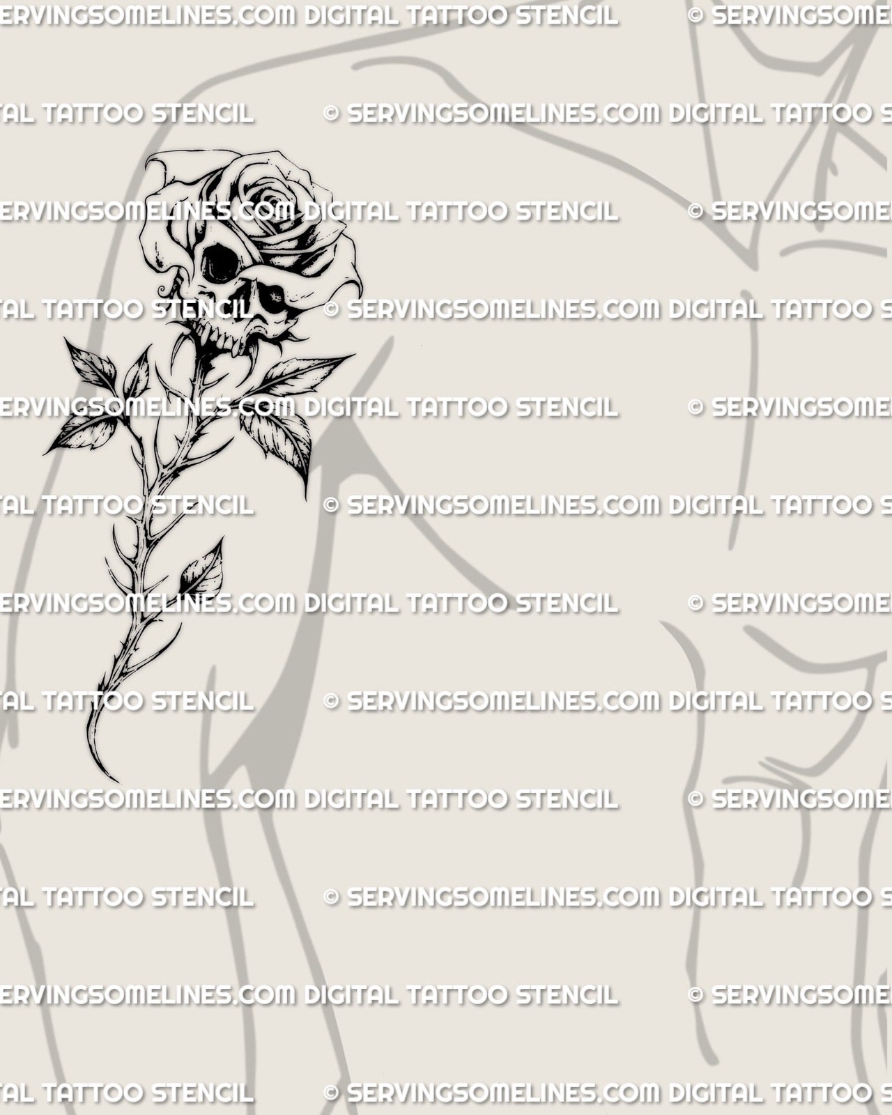 Fine line skull rose tattoo stencil shown on a male arm placement, feminine gothic linework presented as a downloadable tattoo design