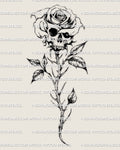 Fine line skull rose tattoo stencil, delicate gothic floral linework shown as a digital product download for clean tattoo transfer