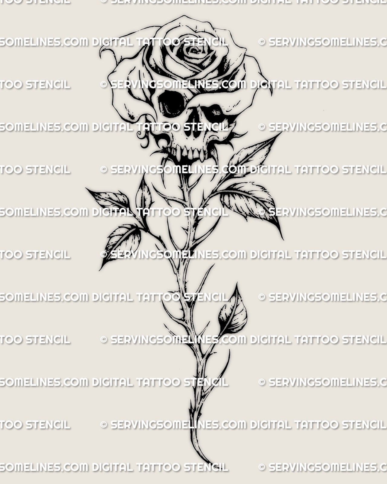 Fine line skull rose tattoo stencil, delicate gothic floral linework shown as a digital product download for clean tattoo transfer