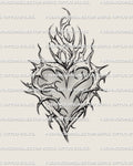 fine line thorn heart tattoo stencil with delicate gothic shading, feminine sacred heart linework shown as a digital design ready for tattoo artists