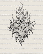 fine line thorn heart tattoo stencil with delicate gothic shading, feminine sacred heart linework shown as a digital design ready for tattoo artists
