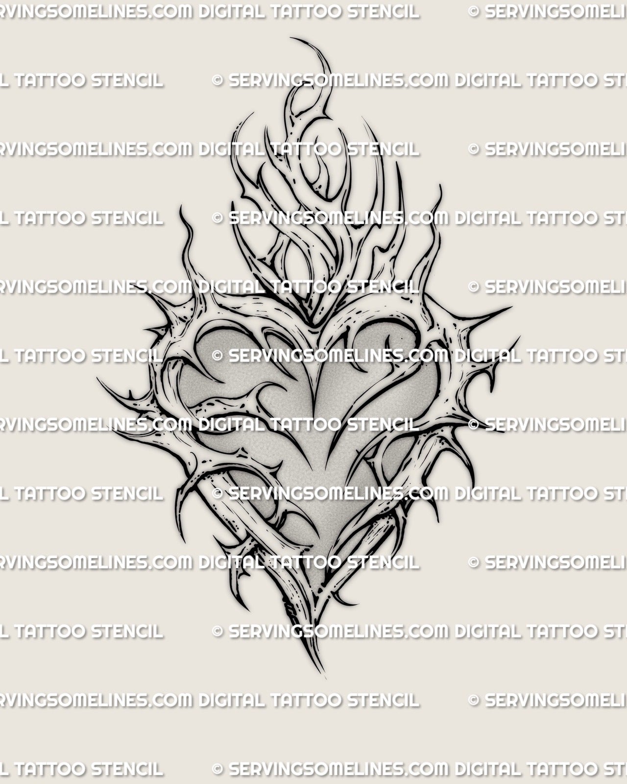 fine line thorn heart tattoo stencil with delicate gothic shading, feminine sacred heart linework shown as a digital design ready for tattoo artists