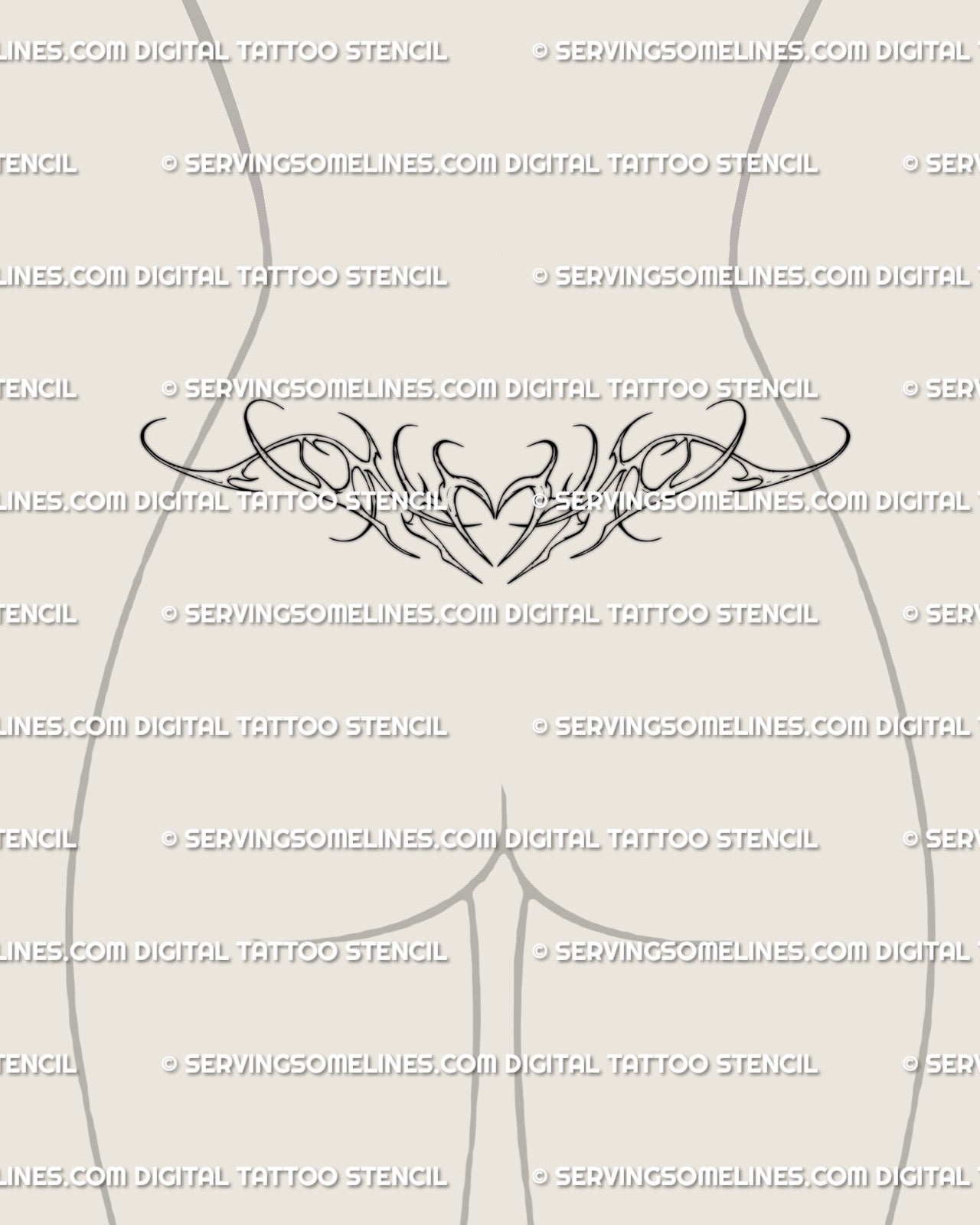 Fine line tramp stamp tattoo with elegant heart center and ornamental swirls, minimal decorative lower-back design for women. 