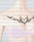 Fine line winged heart chest tattoo shown on feminine chest placement preview with a soft heart center and elegant winged framing.