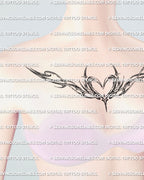 Fine line winged heart chest tattoo shown on feminine chest placement preview with a soft heart center and elegant winged framing.