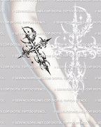 Fineline celestial gothic cross tattoo stencil on forearm placement, moon and star detailing professional digital download