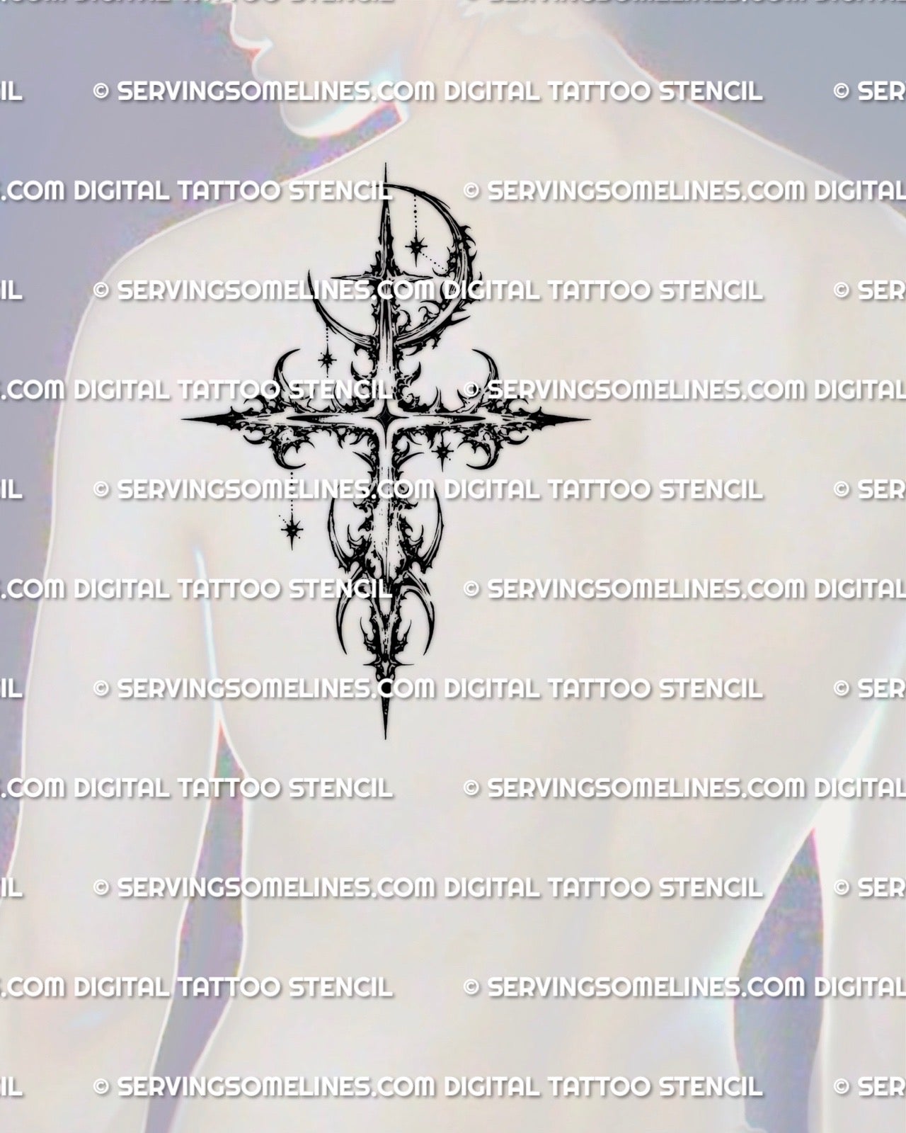 Fineline gothic moon cross tattoo stencil shown on men’s shoulder placement, detailed celestial linework, digital tattoo stencil product