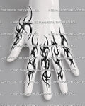Gothic neotribal finger tattoo stencil set shown on fingers with sharp black linework, dotted details, and knuckle placement