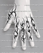 Gothic neotribal finger tattoo stencil set shown on fingers with sharp black linework, dotted details, and knuckle placement
