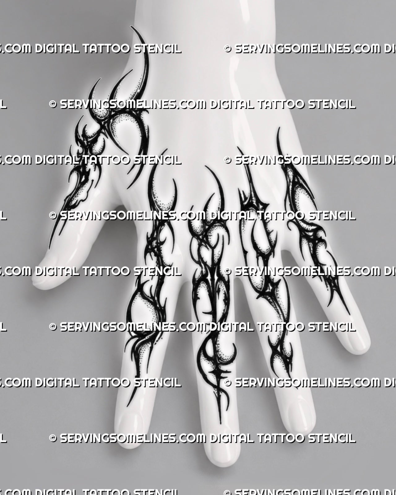 Gothic neotribal finger tattoo stencil set shown on fingers with sharp black linework, dotted details, and knuckle placement