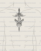 Dagger flame tattoo stencil shown on men's chest center placement, bold vertical read, clean lines.