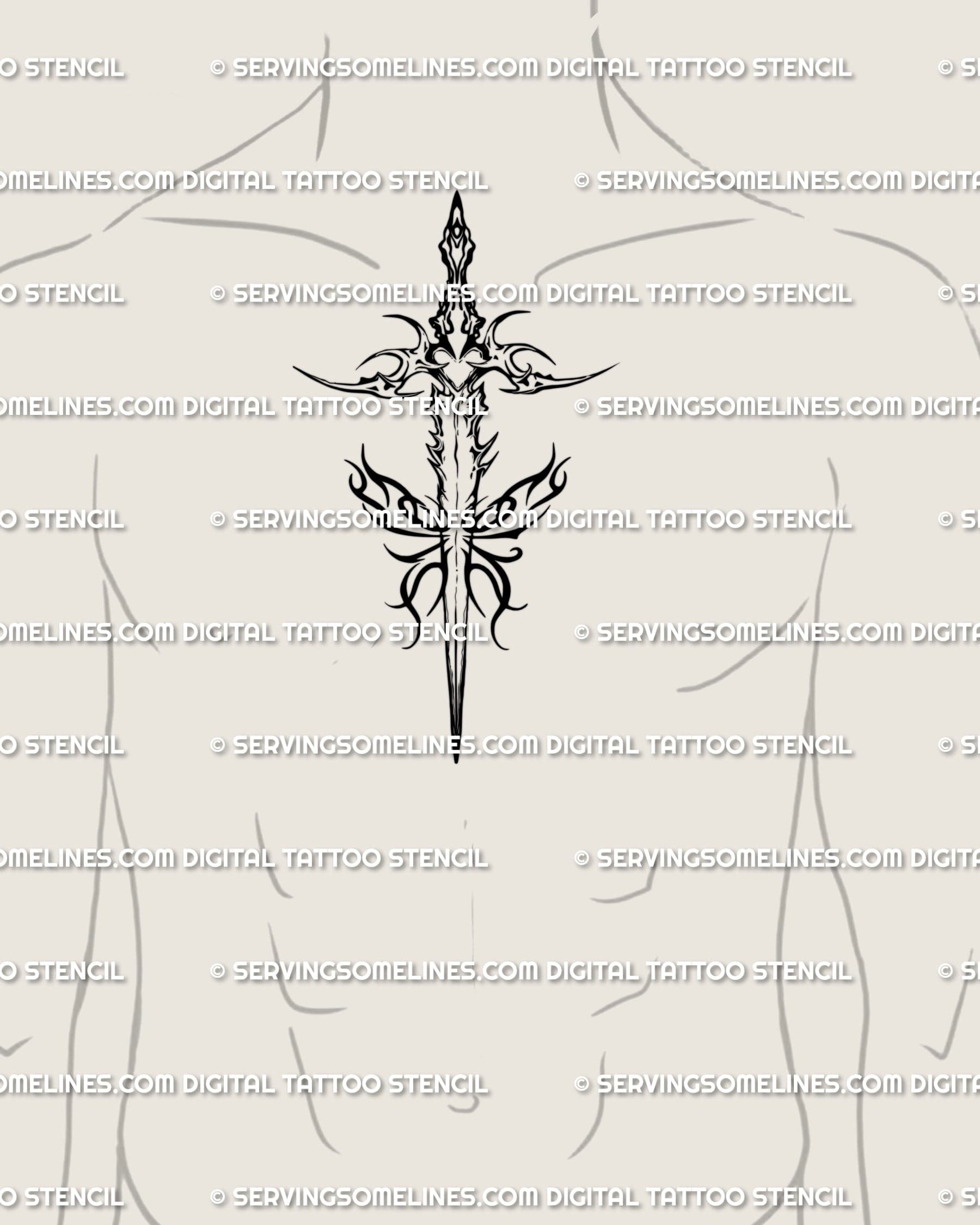 Dagger flame tattoo stencil shown on men's chest center placement, bold vertical read, clean lines.