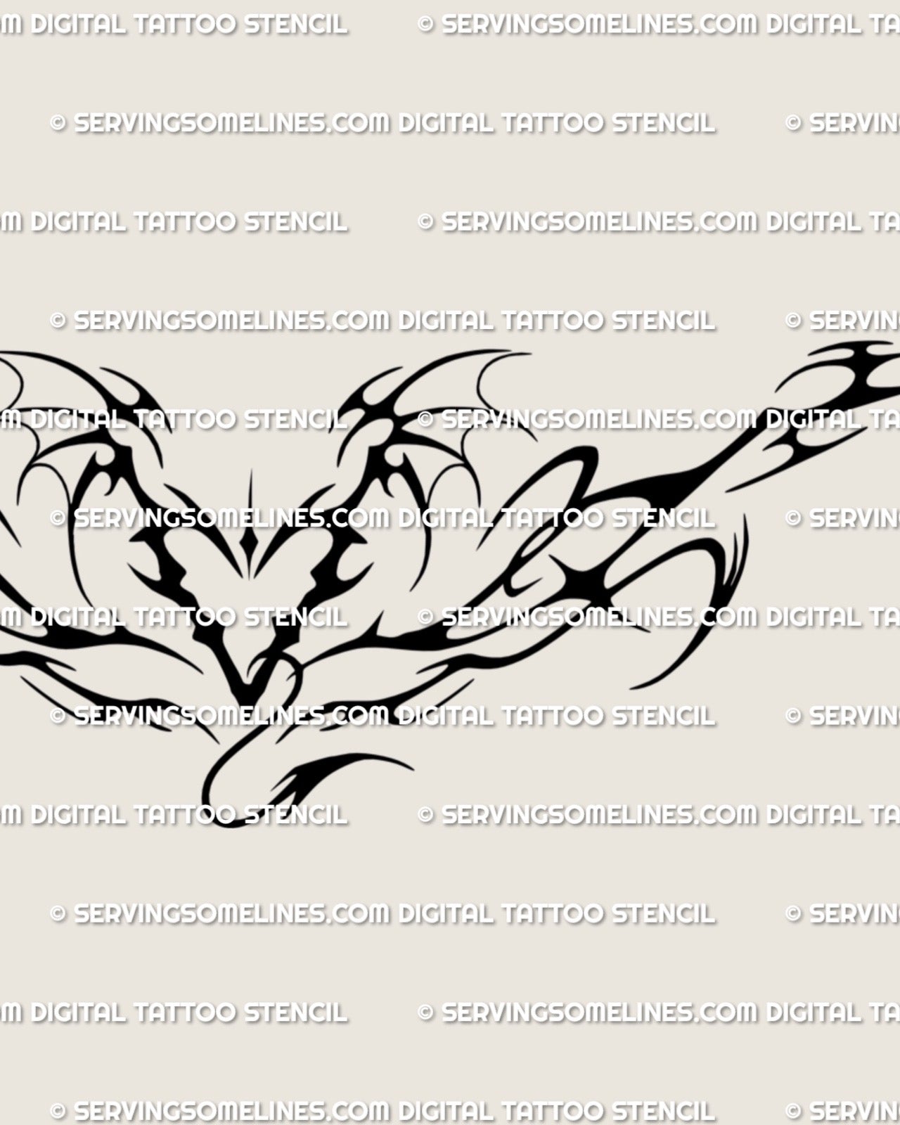 fine line fire heart tattoo stencil drawn with sharp gothic curves and a central devil motif built as a clean digital outline for artists to resize easily
