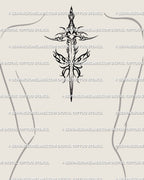 Fire dagger tattoo stencil shown on women's upper back placement, dagger with flame frame accents.