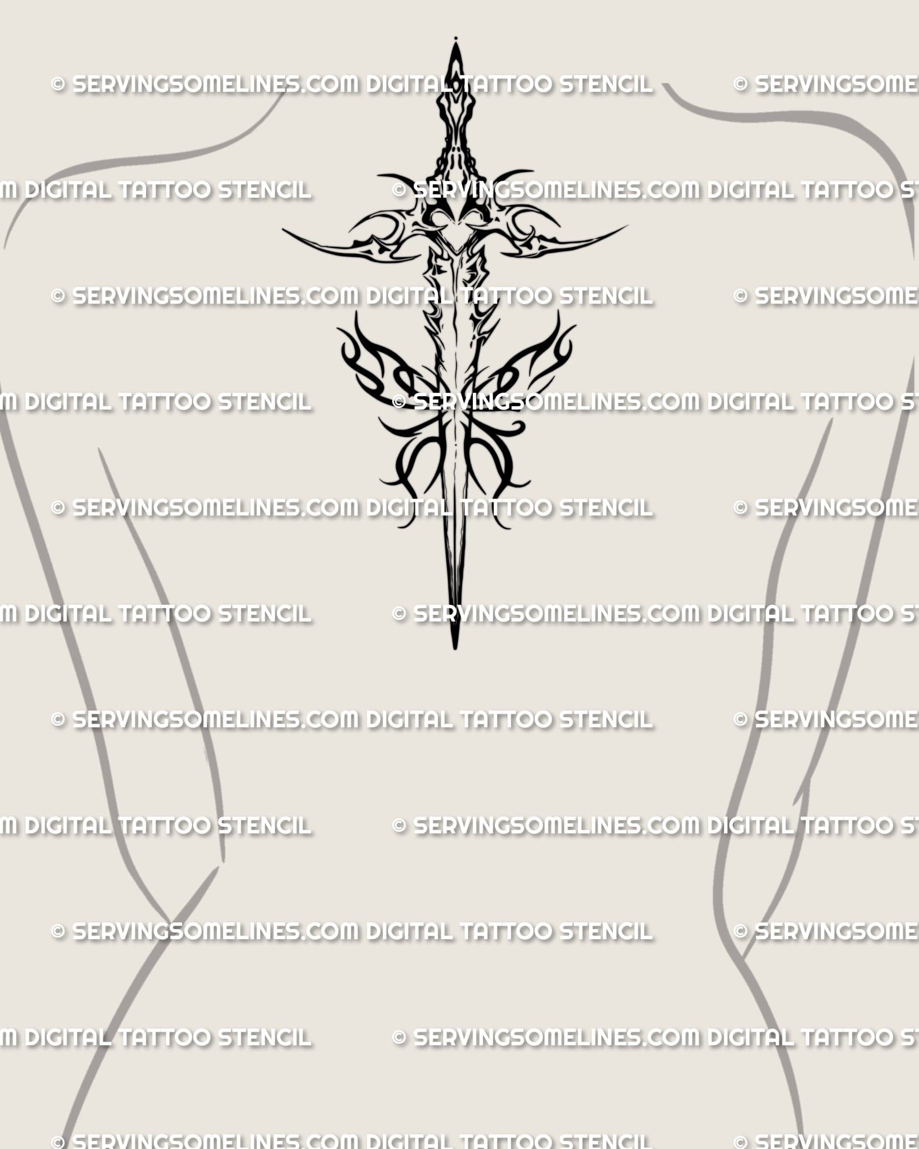 Fire dagger tattoo stencil shown on women's upper back placement, dagger with flame frame accents.