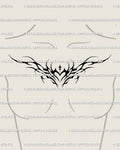 Flame heart chest tattoo shown on women's chest placement example with a centered black heart and abstract flame spread.
