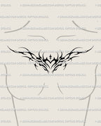 Flame heart chest tattoo shown on women's chest placement example with a centered black heart and abstract flame spread.