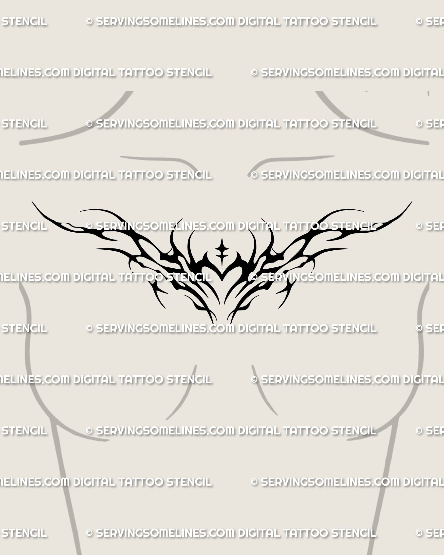 Flame heart chest tattoo shown on women's chest placement example with a centered black heart and abstract flame spread.