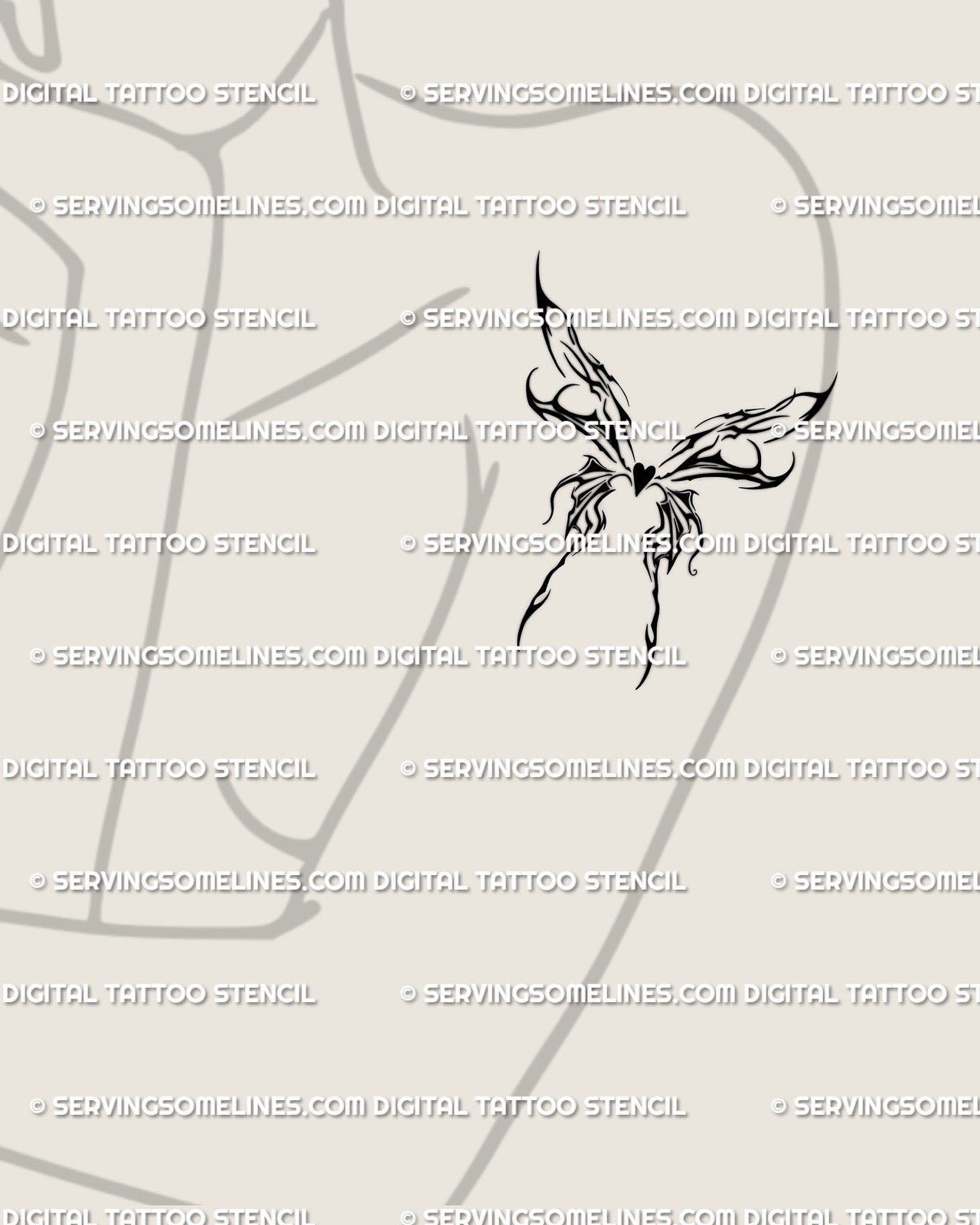 Upper arm display of flaming butterfly digital tattoo design with cyber sigil heart wings, gothic neotribal detailing, and soft dark fairy energy.