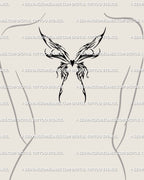 Upper back center mockup showcasing cyber sigil butterfly tattoo design with heart and flame details, gothic tribal symmetry, and bold dark energy.