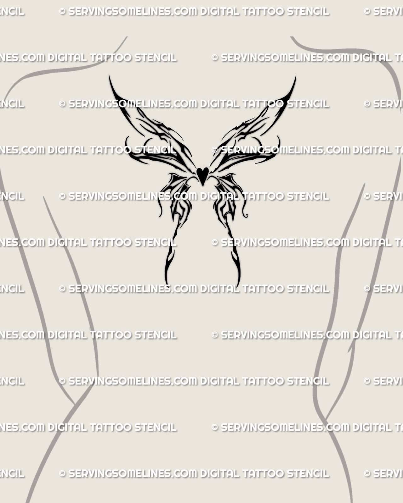 Upper back center mockup showcasing cyber sigil butterfly tattoo design with heart and flame details, gothic tribal symmetry, and bold dark energy.