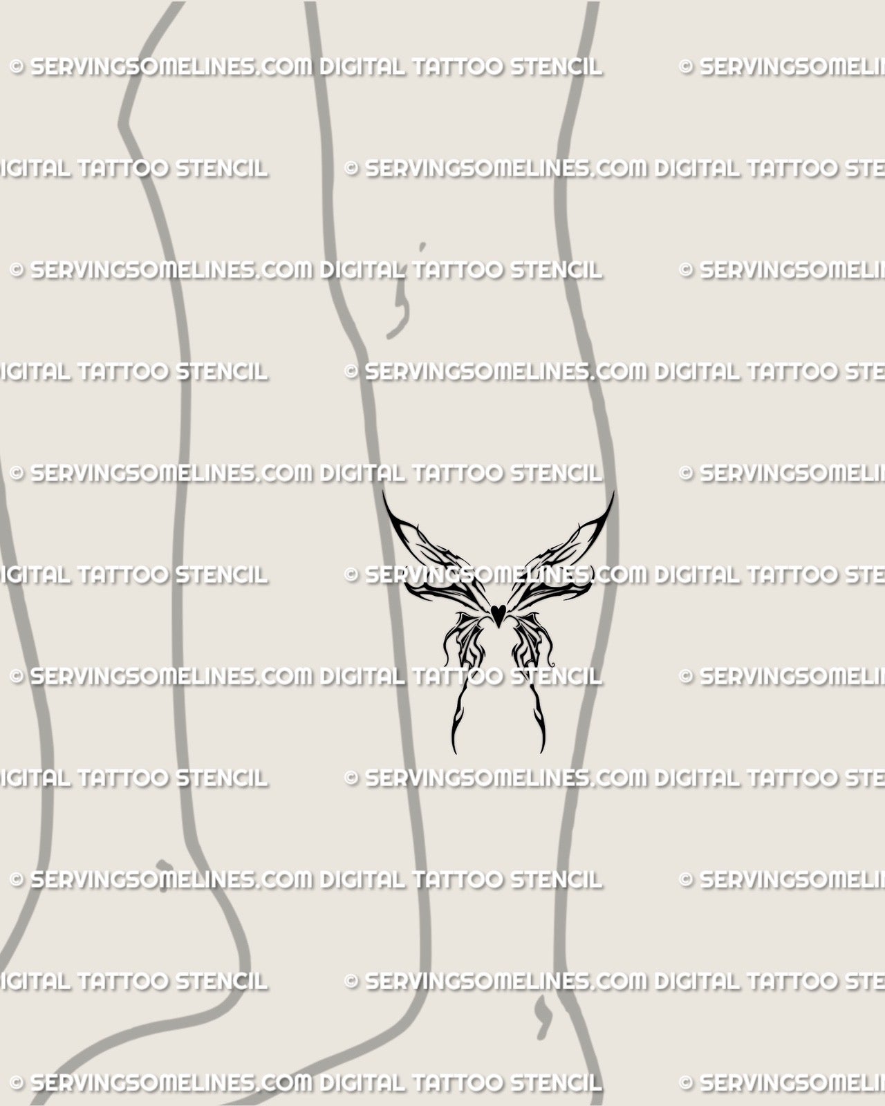 Lower leg display of flaming butterfly tattoo stencil featuring heart core, cyber sigil flame wings, and ornamental linework digital tattoo design.