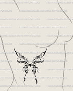Side ribs placement preview for women showing cyber sigil butterfly digital tattoo stencil with neotribal and ornamental cybersigilism wings.