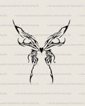 Flaming butterfly tattoo stencil with cyber sigil wings, heart center, gothic tribal flame lines, futuristic neotribal cybercore design.
