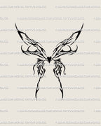 Flaming butterfly tattoo stencil with cyber sigil wings, heart center, gothic tribal flame lines, futuristic neotribal cybercore design.
