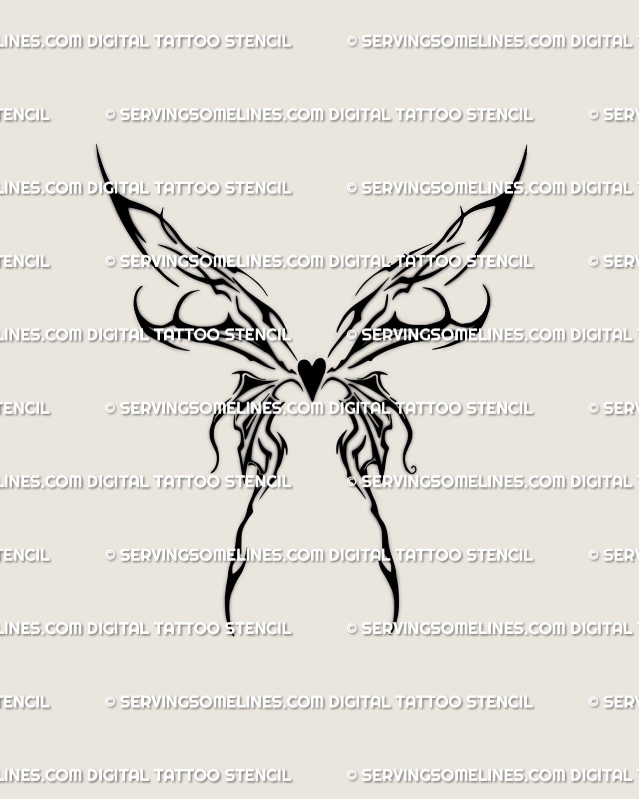 Flaming butterfly tattoo stencil with cyber sigil wings, heart center, gothic tribal flame lines, futuristic neotribal cybercore design.
