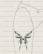 Front thigh mockup displaying flaming butterfly tattoo stencil with heart in center, tribal flame wings, and dark cyber sigil feminine detailing.