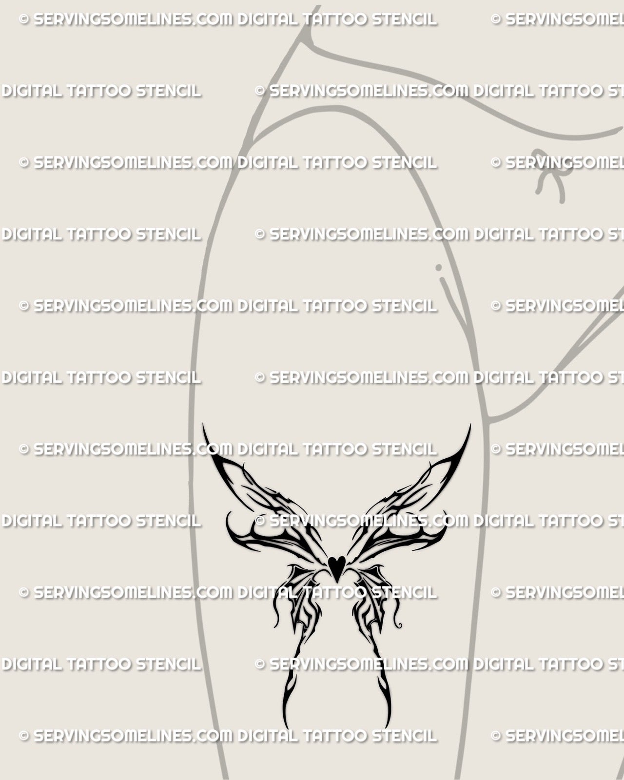 Front thigh mockup displaying flaming butterfly tattoo stencil with heart in center, tribal flame wings, and dark cyber sigil feminine detailing.