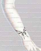 Wrist mockup displaying small flaming butterfly tattoo stencil, cyber sigil heart design in ornamental tribal linework digital tattoo art style.