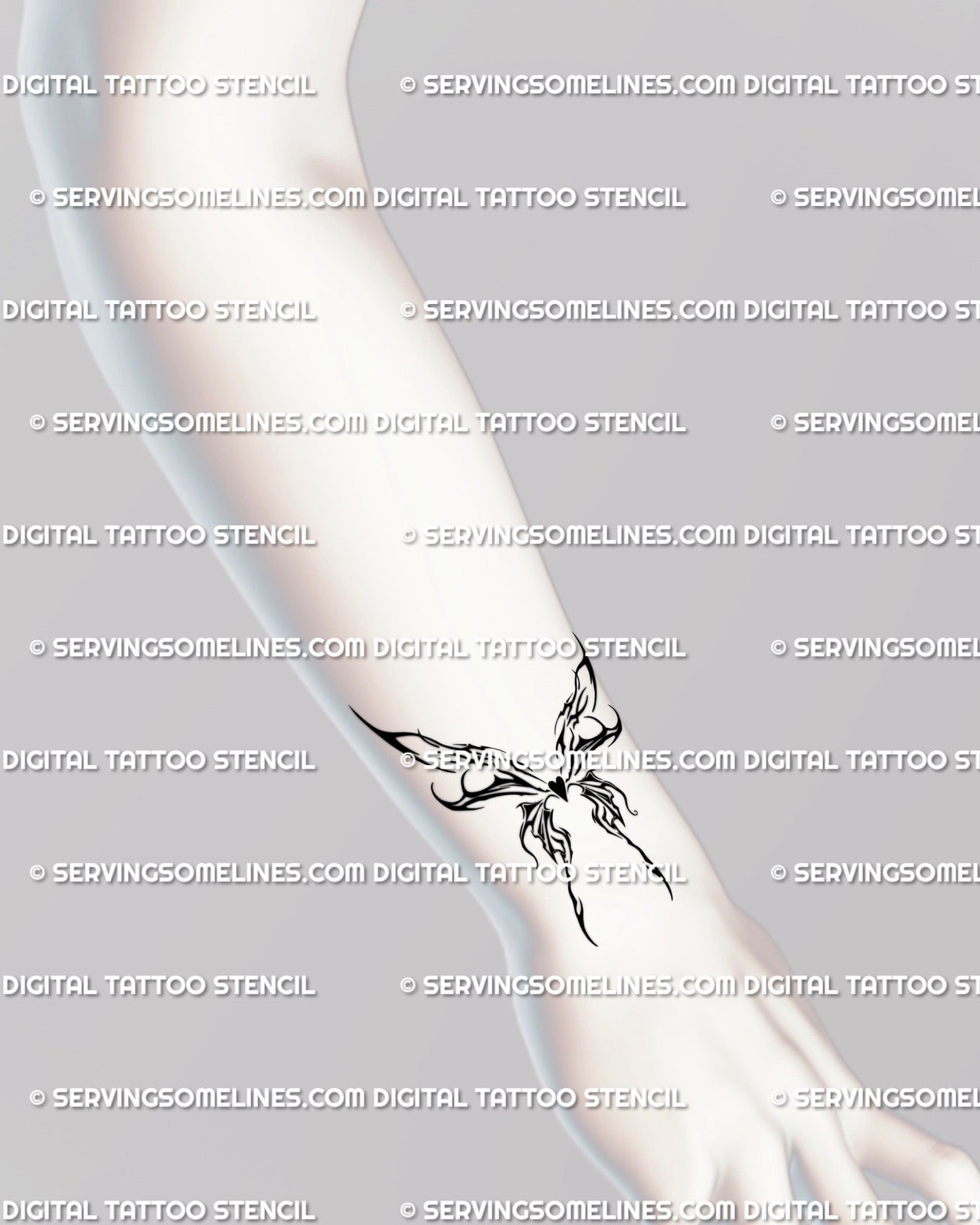 Wrist mockup displaying small flaming butterfly tattoo stencil, cyber sigil heart design in ornamental tribal linework digital tattoo art style.