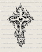 Flaming cross tattoo stencil with heart center, blackwork cross design, printable PNG PDF for stencil transfer