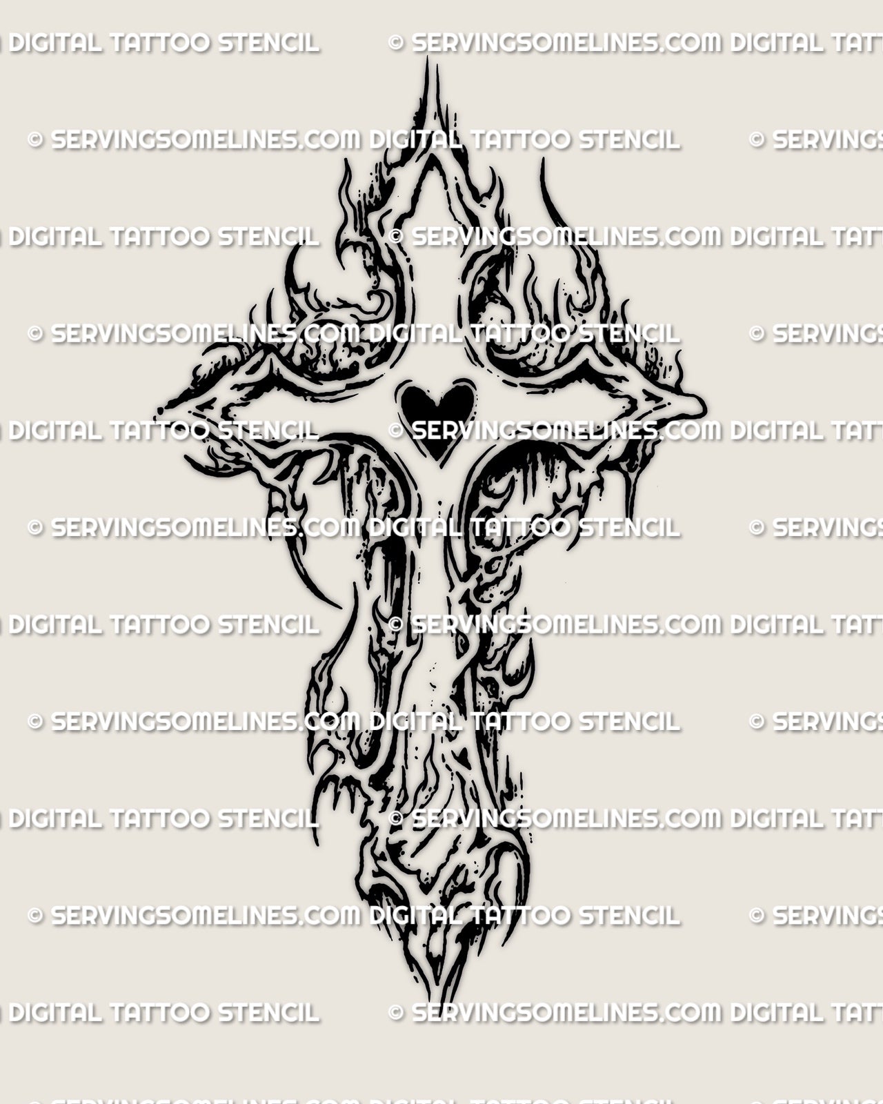 Flaming cross tattoo stencil with heart center, blackwork cross design, printable PNG PDF for stencil transfer