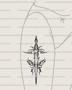 Flaming dagger tattoo stencil shown on women's hip placement, flame frame accents, vertical fit.
