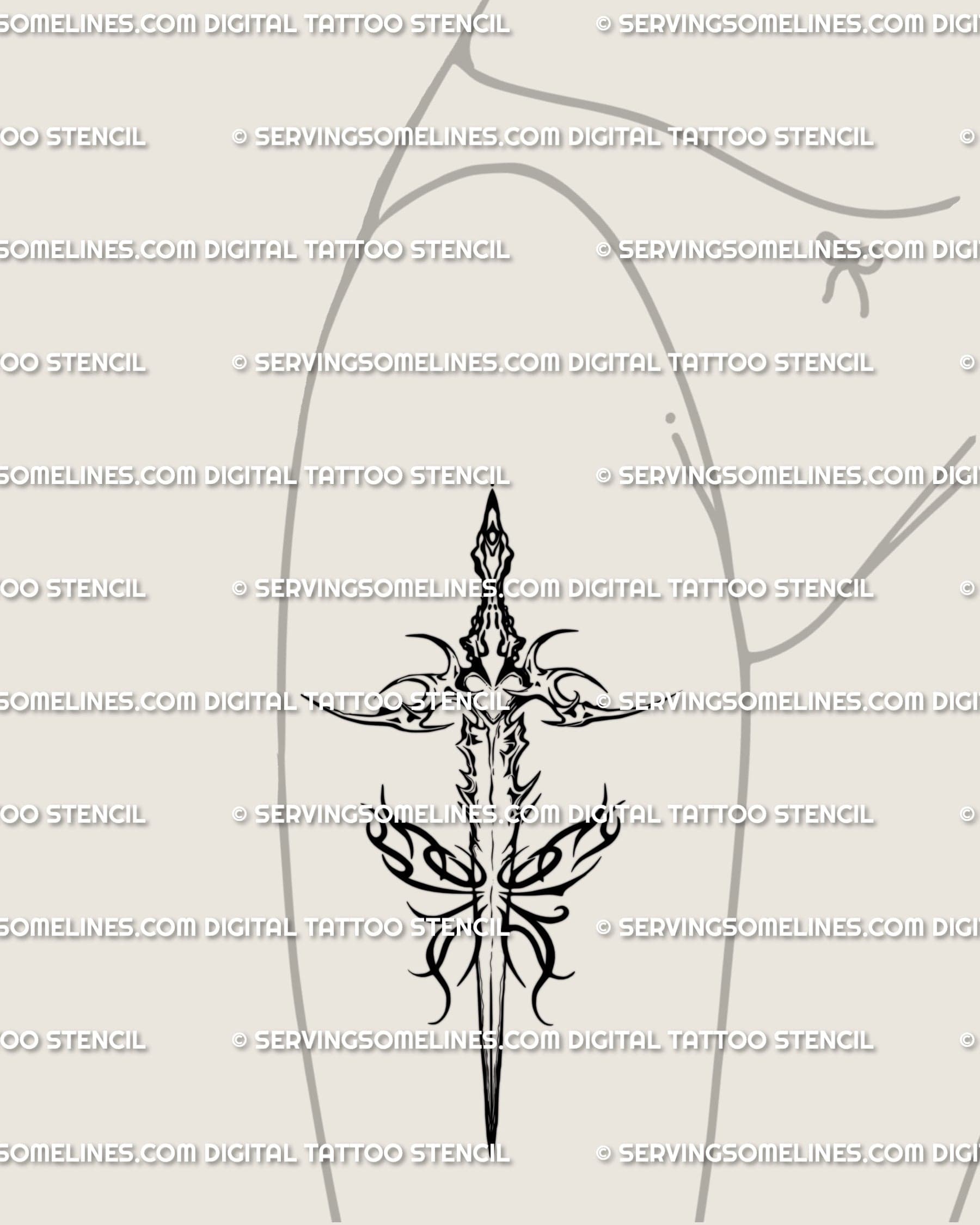 Flaming dagger tattoo stencil shown on women's hip placement, flame frame accents, vertical fit.