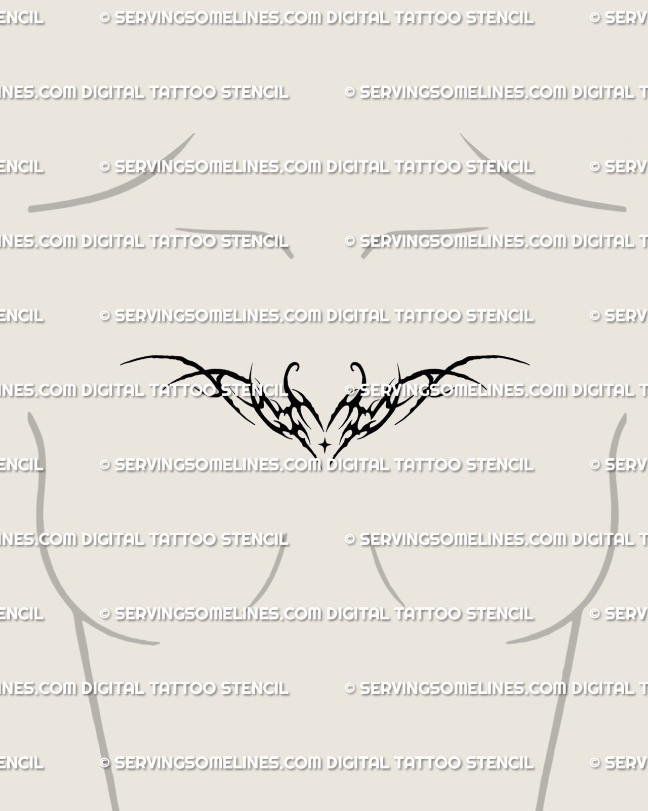 Flaming heart tattoo mockup on woman’s chest, elegant cyber sigilism design with horns and bold ornamental black lines.