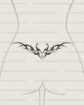 Flaming heart neotribal tattoo stencil displayed on lower back, cyber sigilism heart with horns and flame detail for alt tattoo lovers.