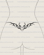 Flaming heart neotribal tattoo stencil displayed on lower back, cyber sigilism heart with horns and flame detail for alt tattoo lovers.