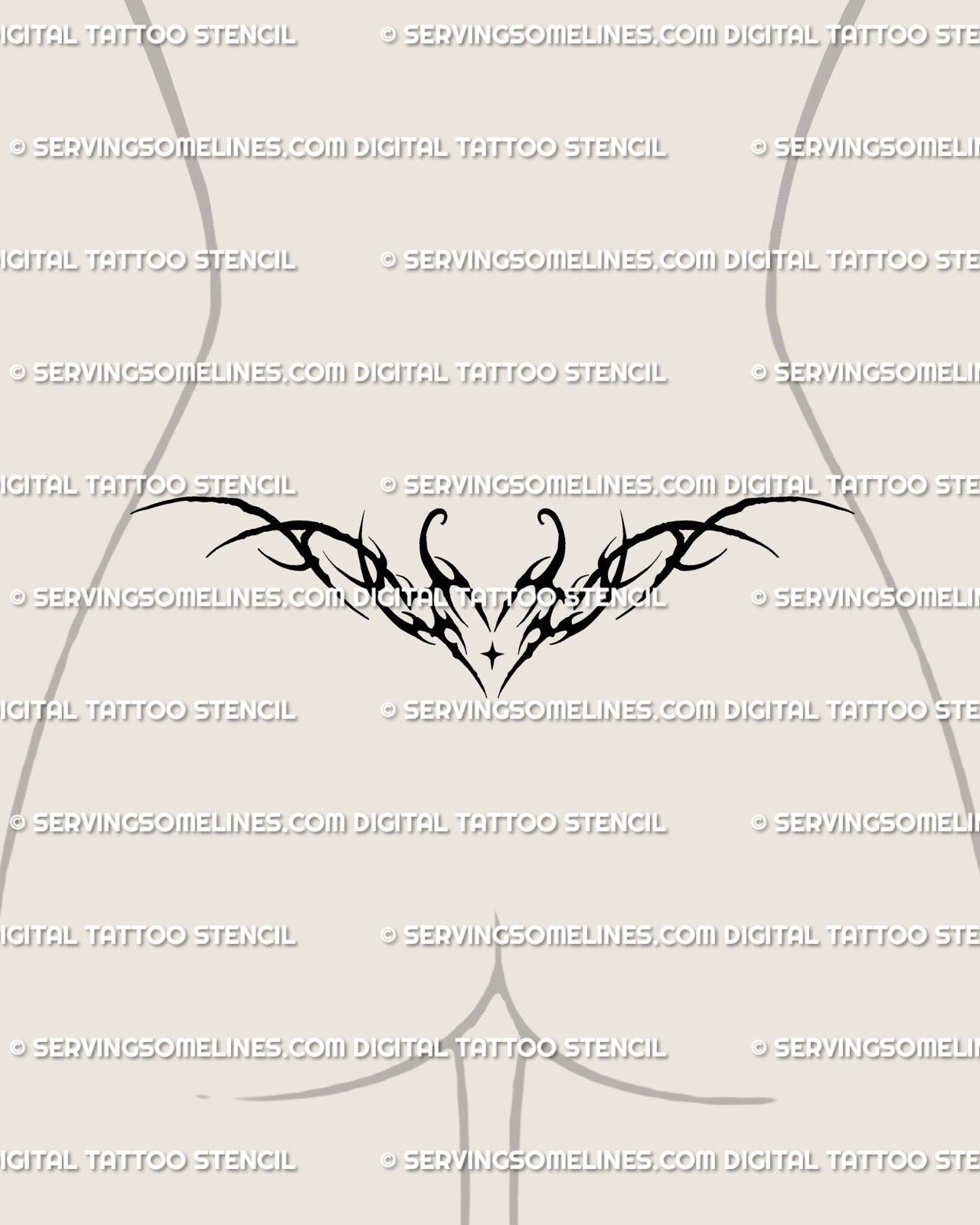 Flaming heart neotribal tattoo stencil displayed on lower back, cyber sigilism heart with horns and flame detail for alt tattoo lovers.