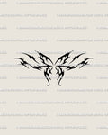 Flaming neotribal butterfly tattoo stencil in cyber-tribal style, fine line gothic wings shaped like flames with symmetrical clean outline.