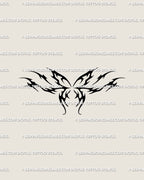 Flaming neotribal butterfly tattoo stencil in cyber-tribal style, fine line gothic wings shaped like flames with symmetrical clean outline.