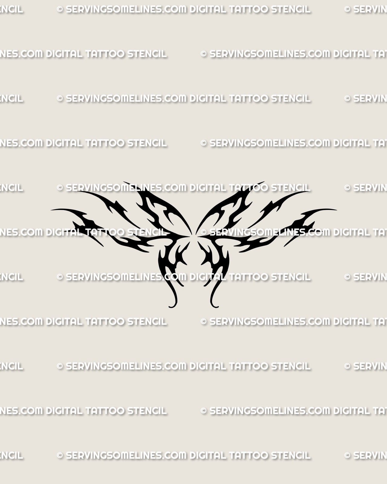 Flaming neotribal butterfly tattoo stencil in cyber-tribal style, fine line gothic wings shaped like flames with symmetrical clean outline.