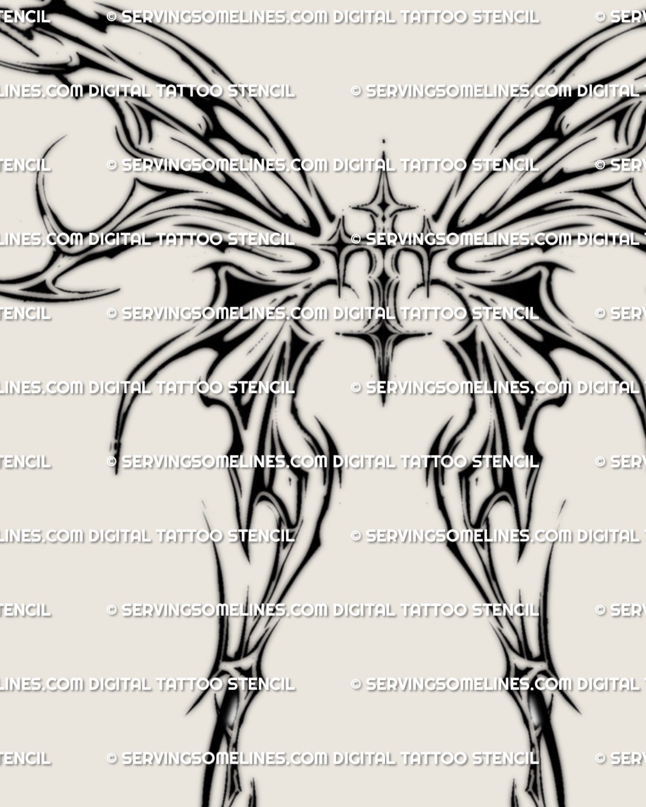 Flaming wings cross tattoo stencil close detail, sacred winged cross design with printable stencil download files.